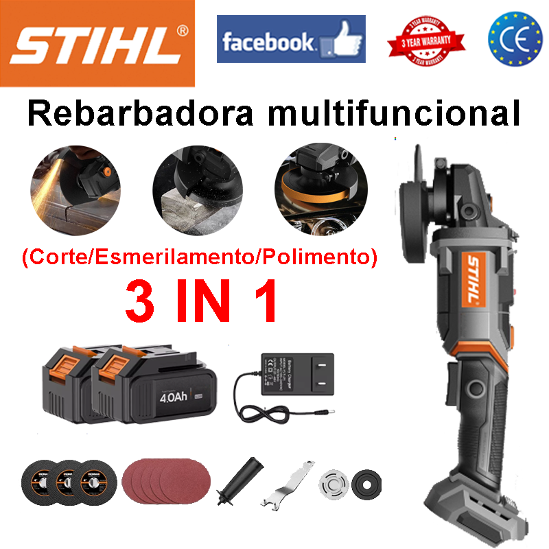 [Três em um] corte + retificação + polimento + carregador + lâmina de serra de metal *3 + lixa *5 + cabo original + chave inglesa + par de placas de pressão + bateria *2