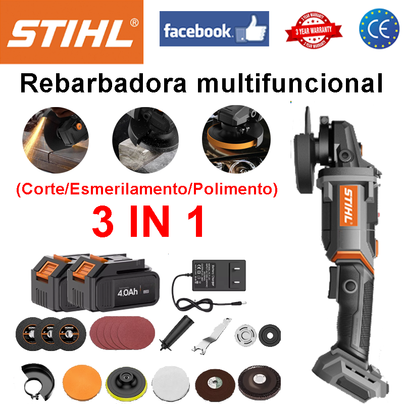 [Três em um] corte + retificação + polimento + bateria * 2 + carregador + lâmina de serra de metal * 3 + lixa * 5 + cabo original + chave inglesa + par de placas de pressão + capa protetora + roda de esponja + disco autocolante + bola de lã + disco de moagem + disco de polimento