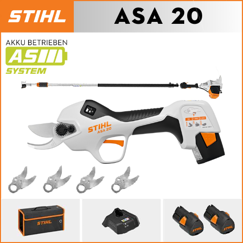 STIHL ASA20*1, bateria de lítio*2, caixa de armazenamento*1, cabeça de corte*5, carregador*1, poste telescópico*1